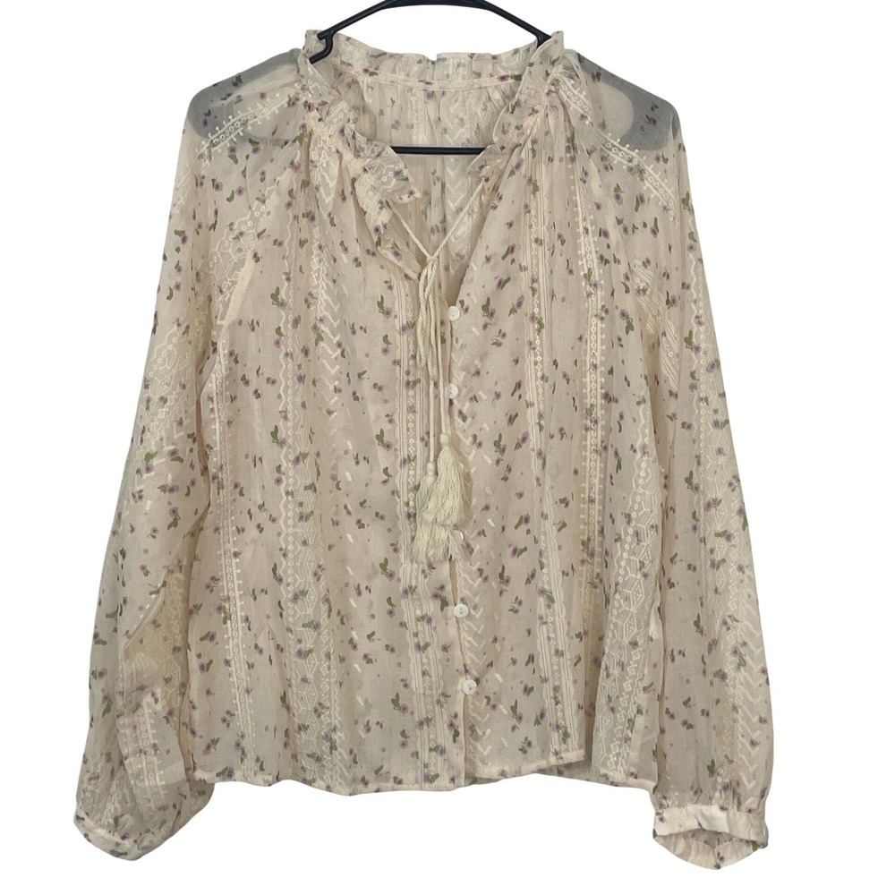 Womens Blouse Floral Lace Tassel Prairie Boho M Cream Cottagecore‎ Romantic